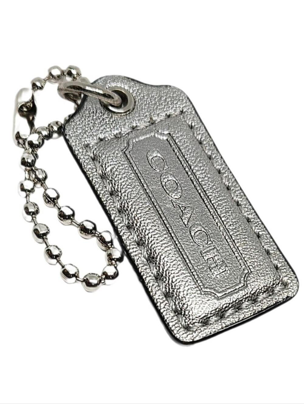 💗 2" Medium Coach Metallic Platinum Silver Leather Hang Tag Bag Fob Keychain